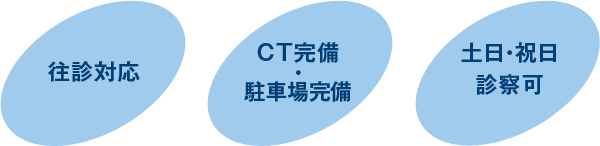 夜間救急・往診対応　駐車場完備　土日・祝日診察可
